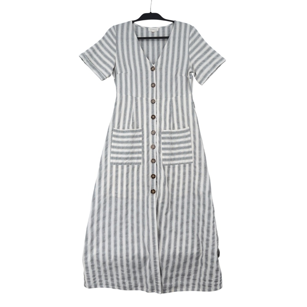 Promesa Womens Grey White Striped Button Front Midi Dress Short Sleeve L HS3002